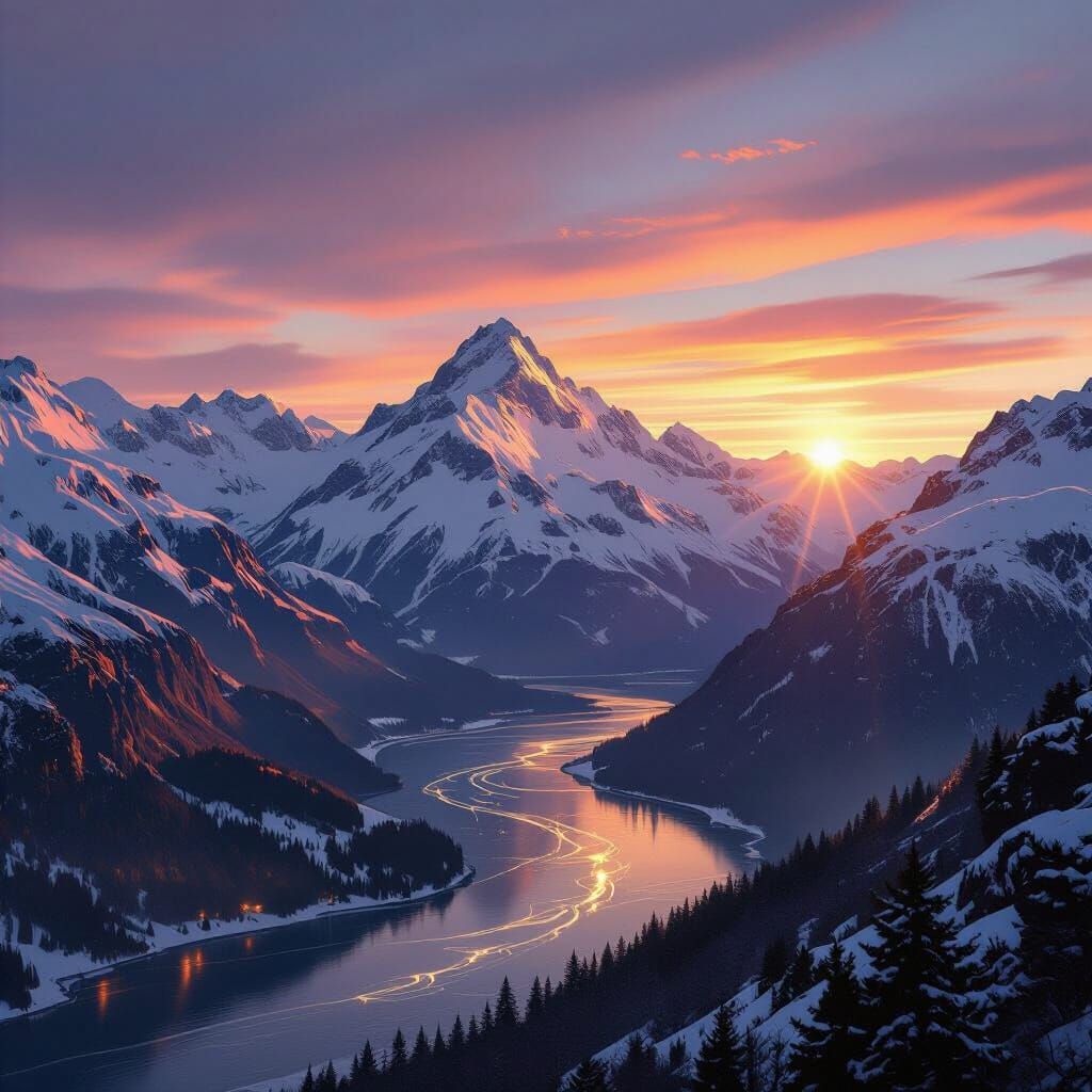 Snowy Mountains Reflecting Sunset in Anime Style
