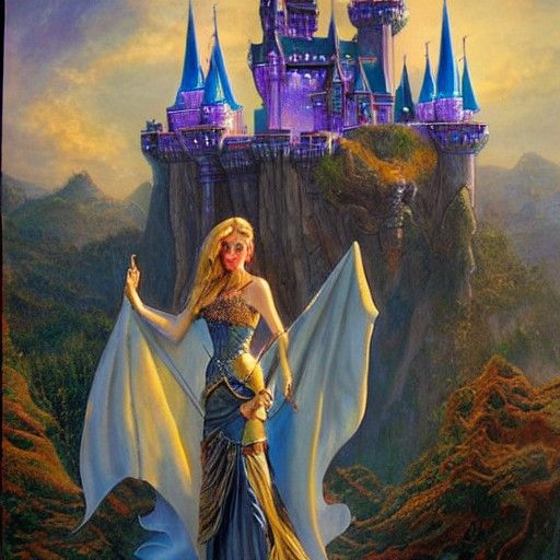 Fantasy Princess Castle with Dragons, Oil Painting