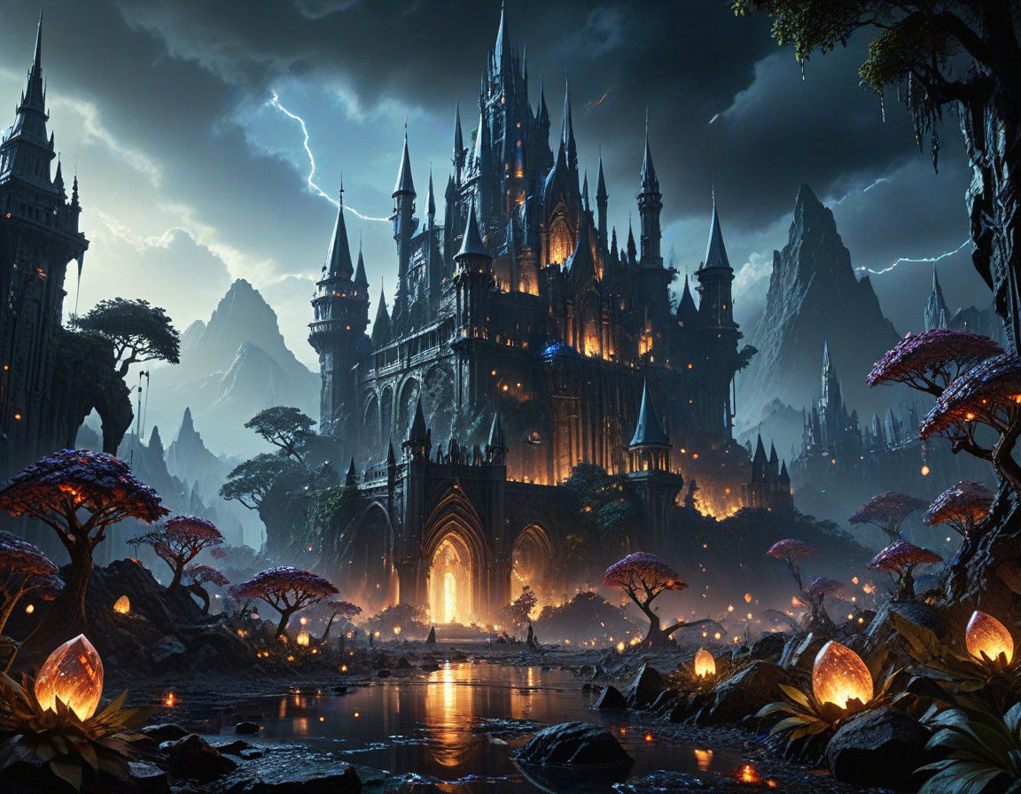 Ethereal Cityscape Dreamscape with Glowing Fruits and Floati...