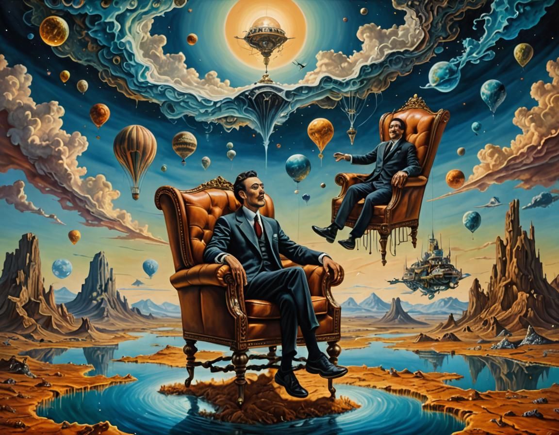Man on Floating Chair in Surreal Landscape