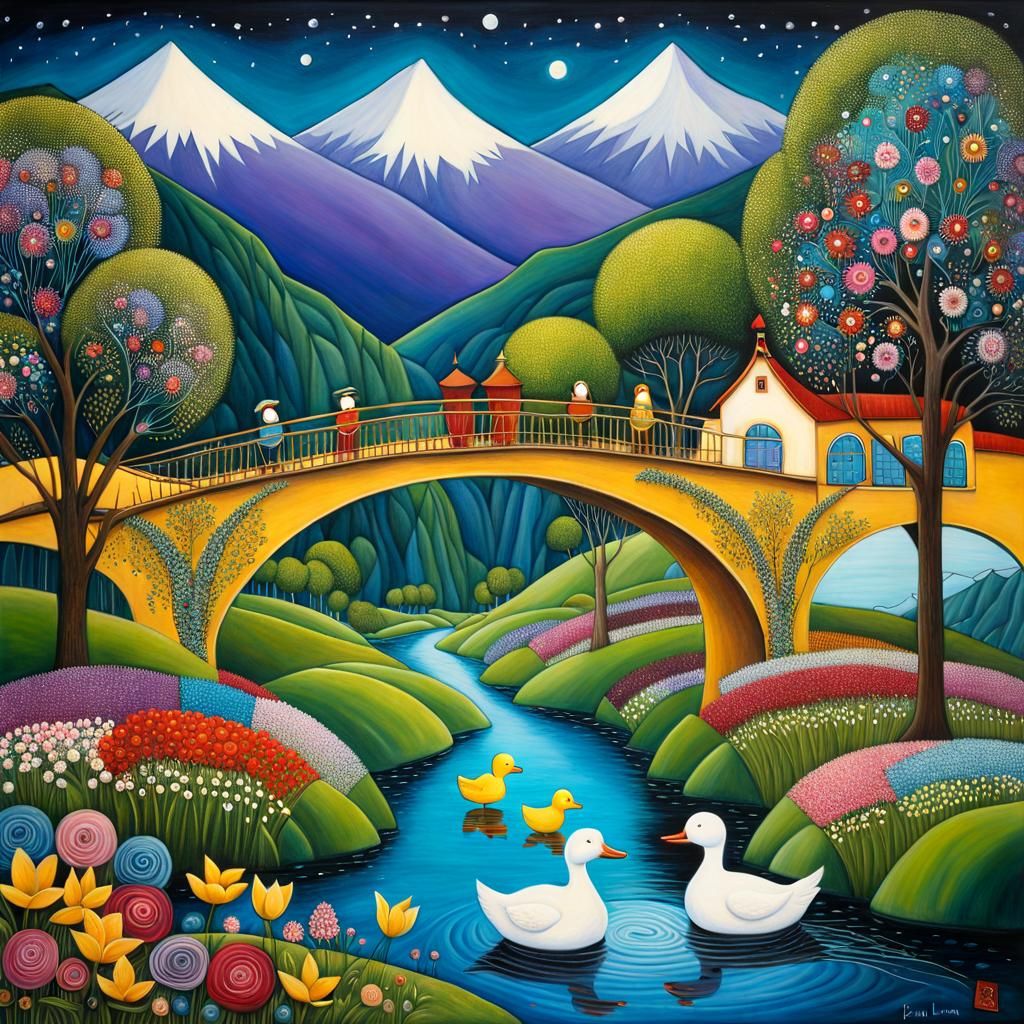 Surreal Whimsical Train Bridge Landscape with Ducks