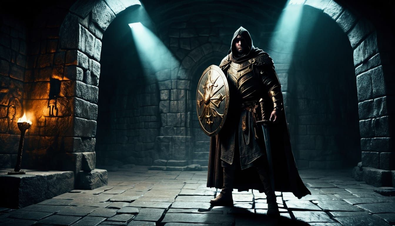 Dark Fantasy Warrior in Dungeon with Sword and Shield