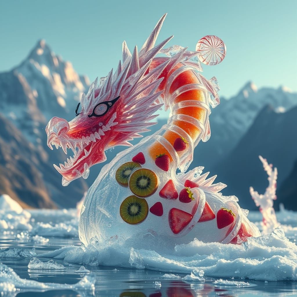 Crystalline Ice Dragon with Exotic Fruits