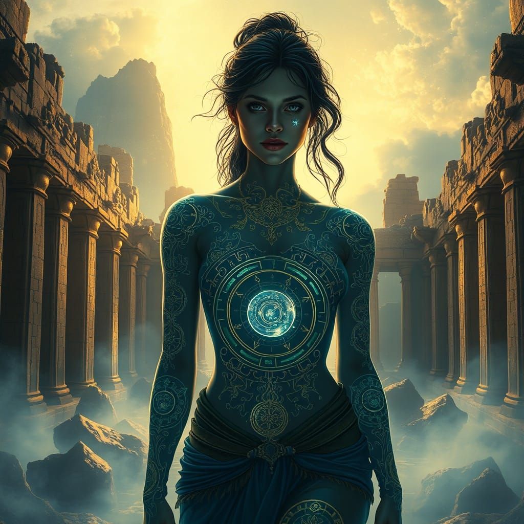 Mystical Woman in Ruins with Celestial Tattoos