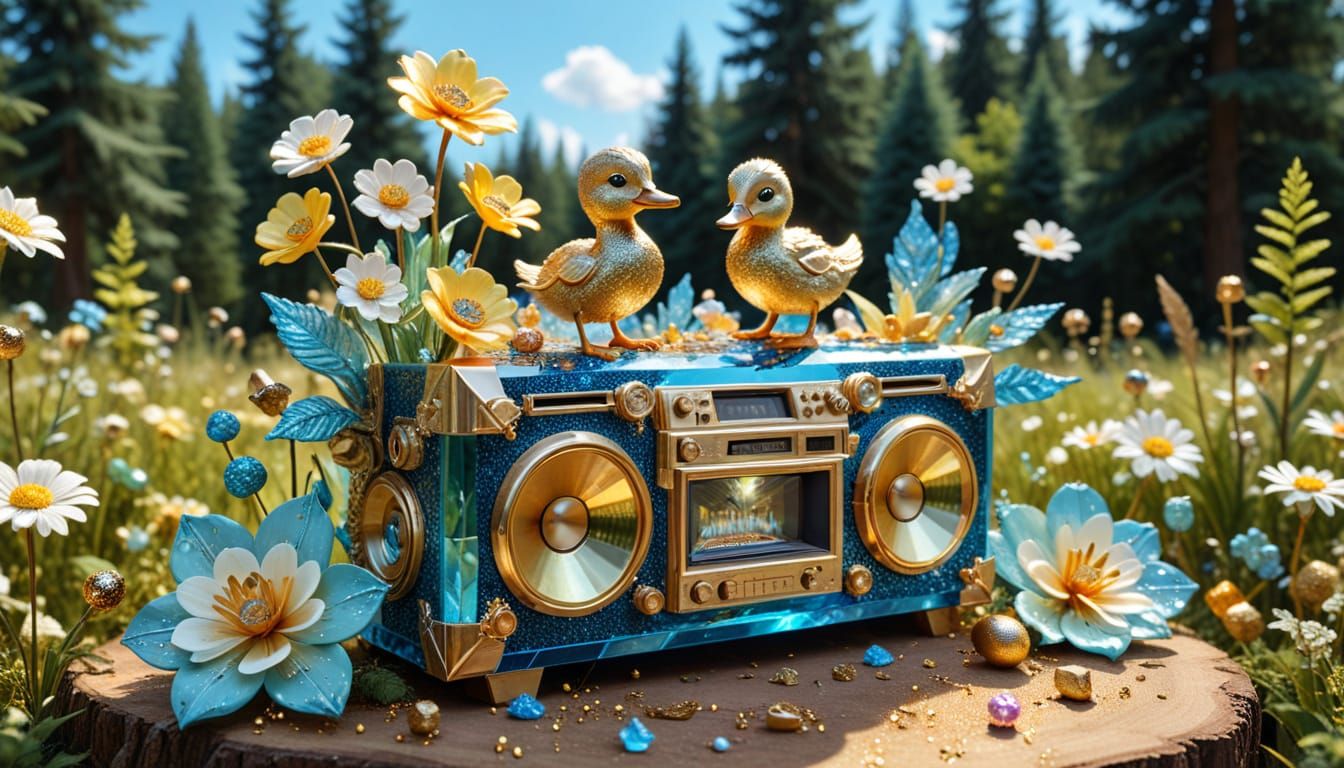 Boombox Glass Sculpture with Duckling in Summer Forest