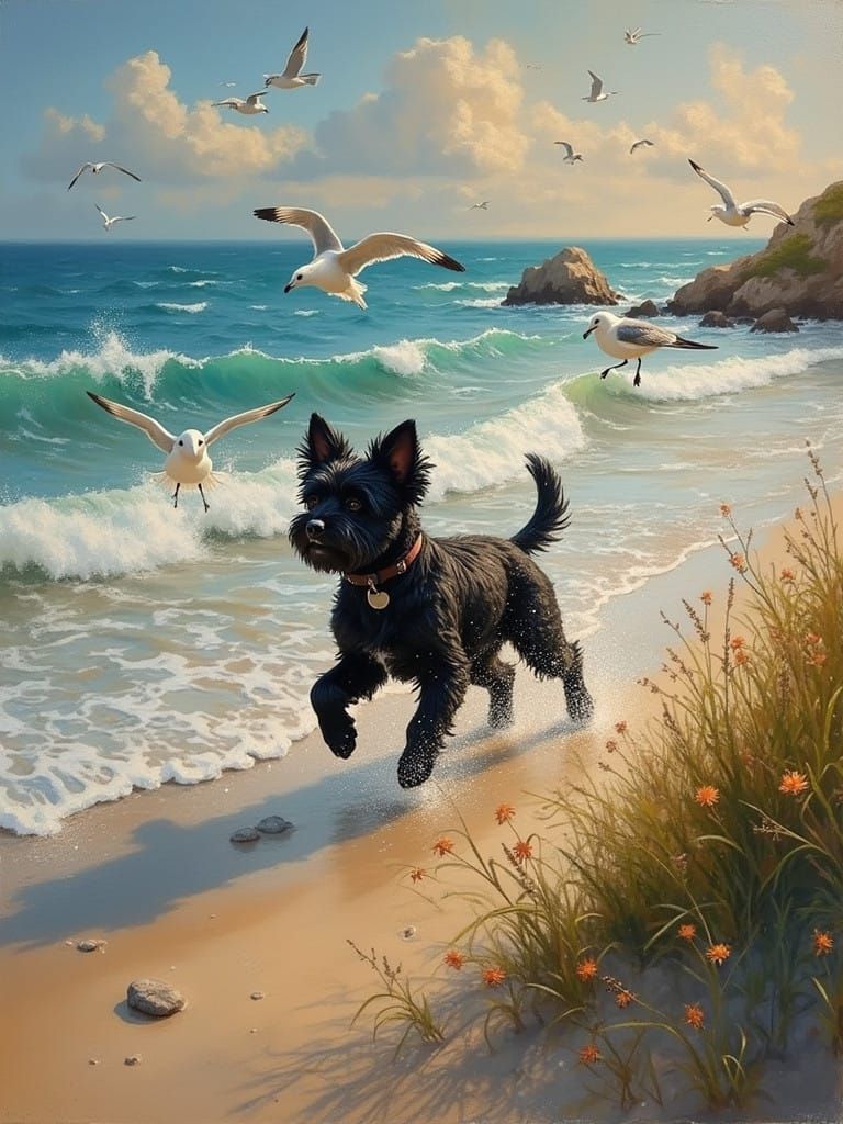 Sunny Beach Scene with Running Dog