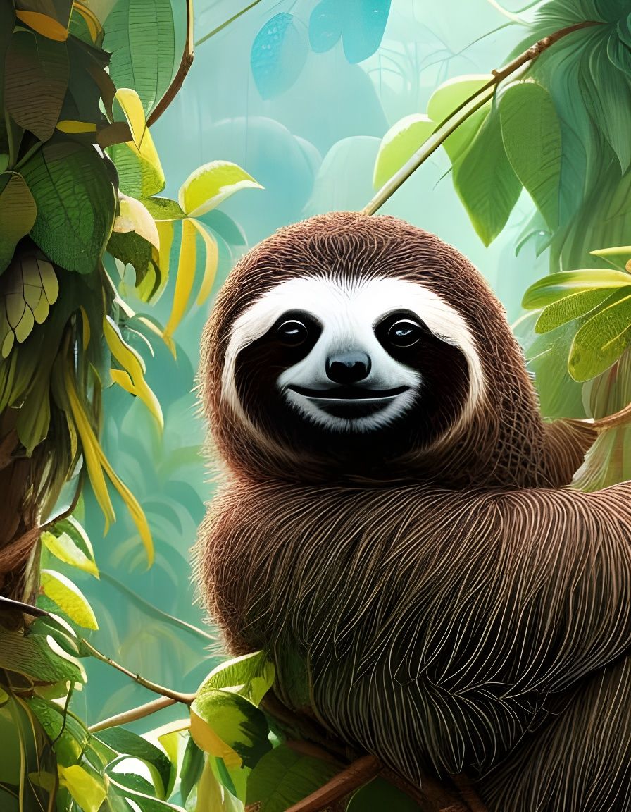 Adorable Sloth in Jungle, Watercolor Storybook Illustration