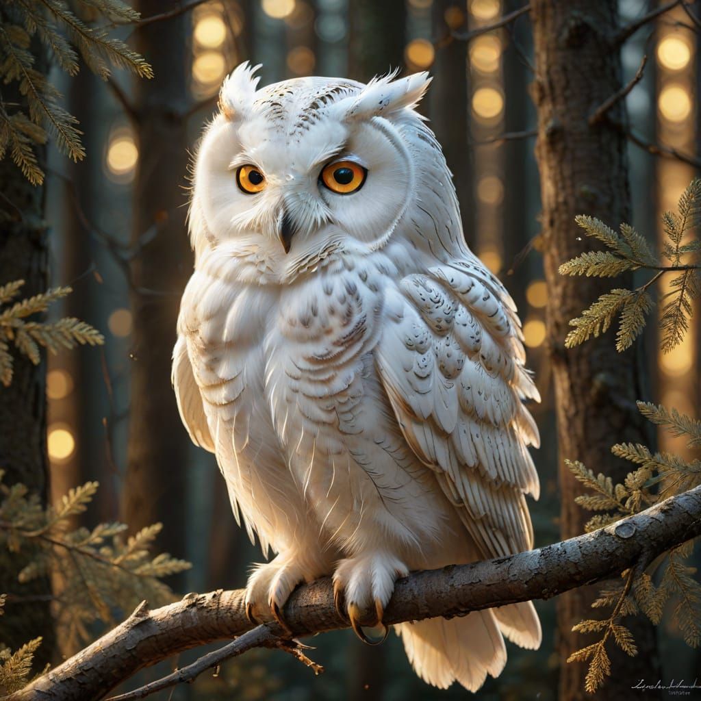 White Owl Perched in Moonlit Forest: Macro Photography