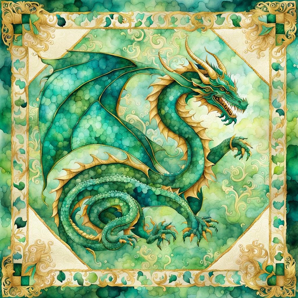 Detailed Dragon Patchwork Quilt in Watercolor and Ink
