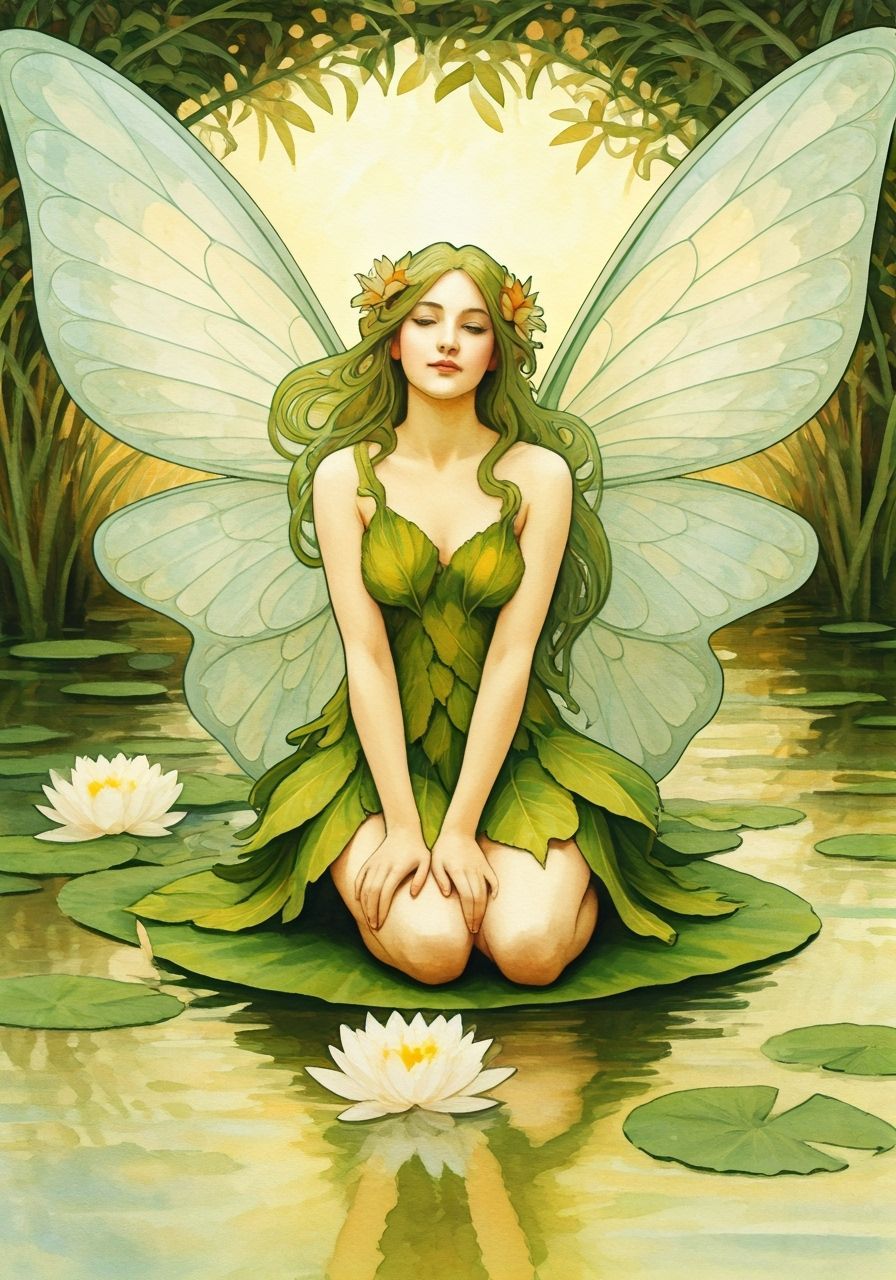 Ethereal Fairy on Lilypad in Art Nouveau Style