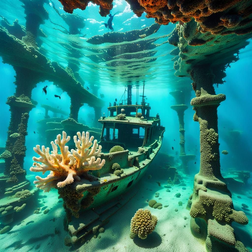 Underwater Shipwreck with Turquoise Water and Corals
