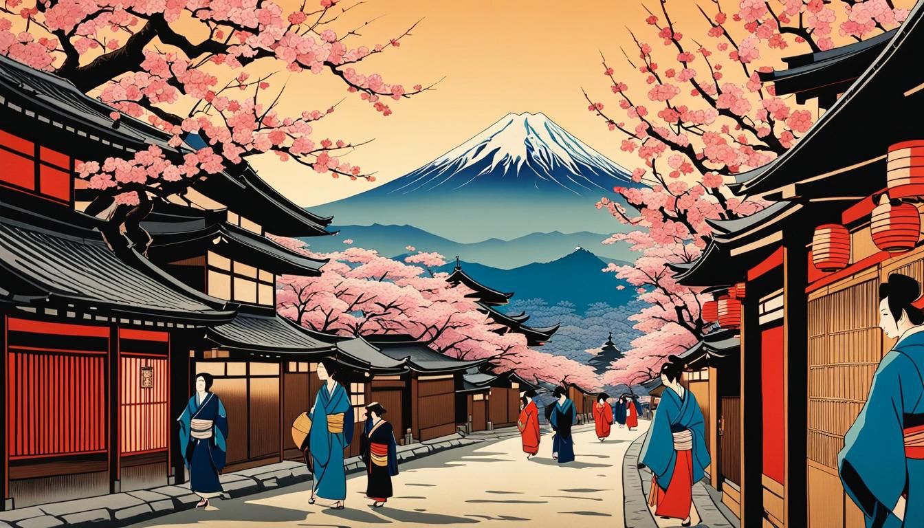 Ukiyo-e Japanese Street Scene with Mount Fuji