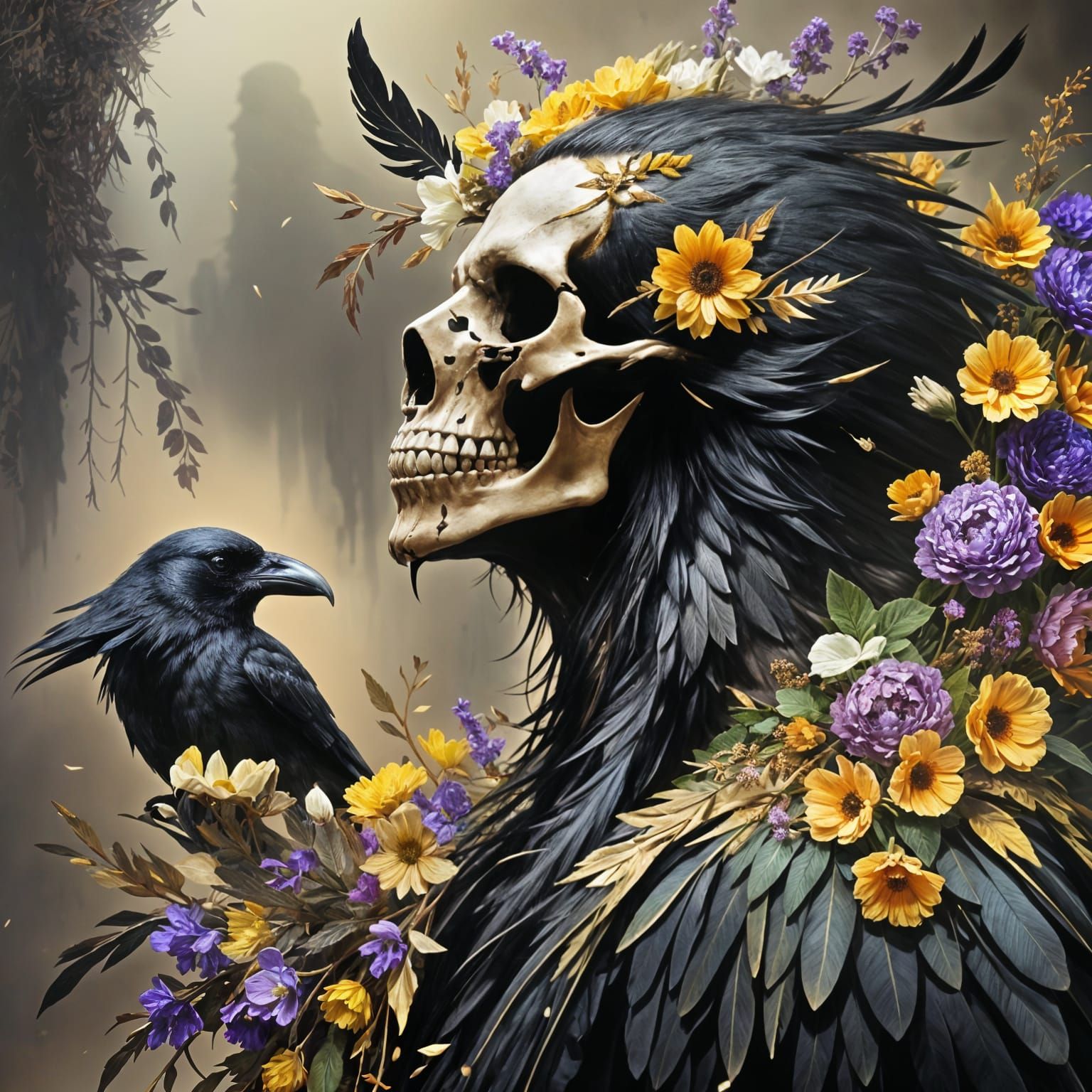 Crow and Skull Portrait in Dark Fantasy Style