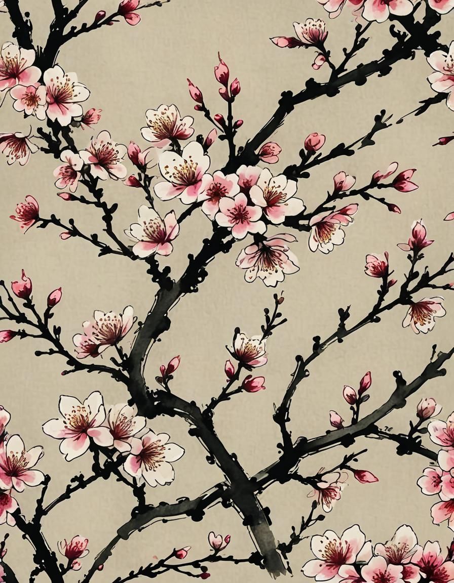 Cherry Blossoms in Chinese Brush and Ink