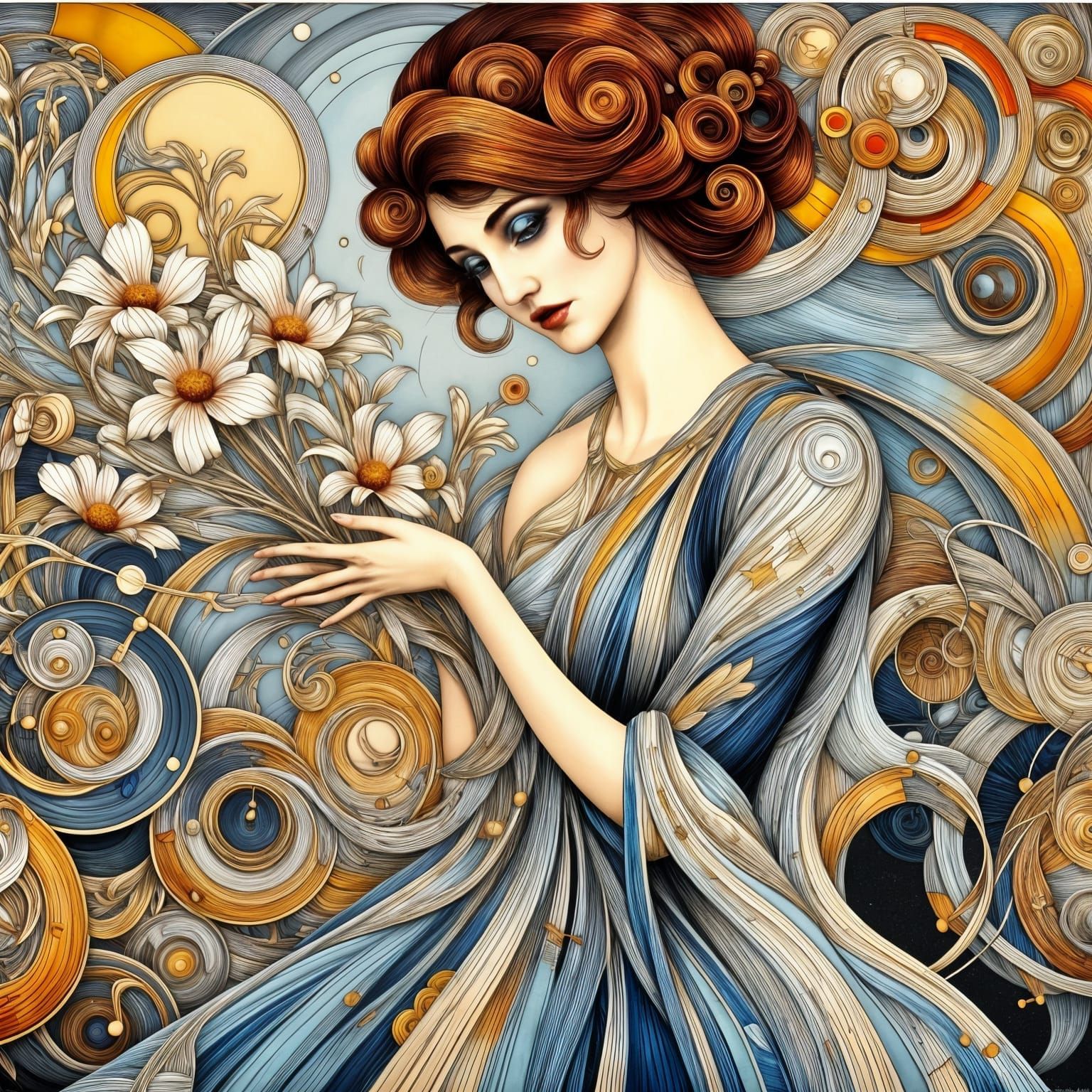 Art Nouveau Woman in Blue Gown Holding Flowers