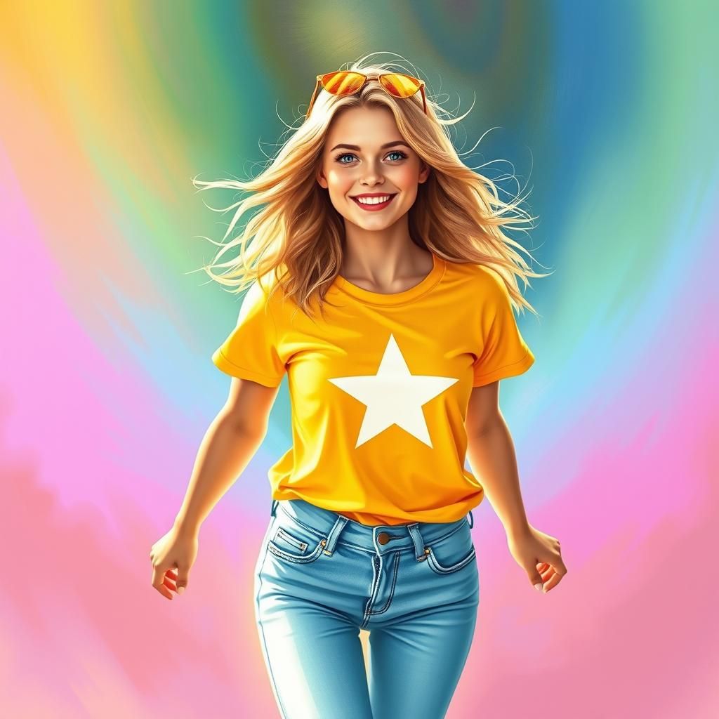 Ethereal Woman in Rainbow Aura, Street Art Style