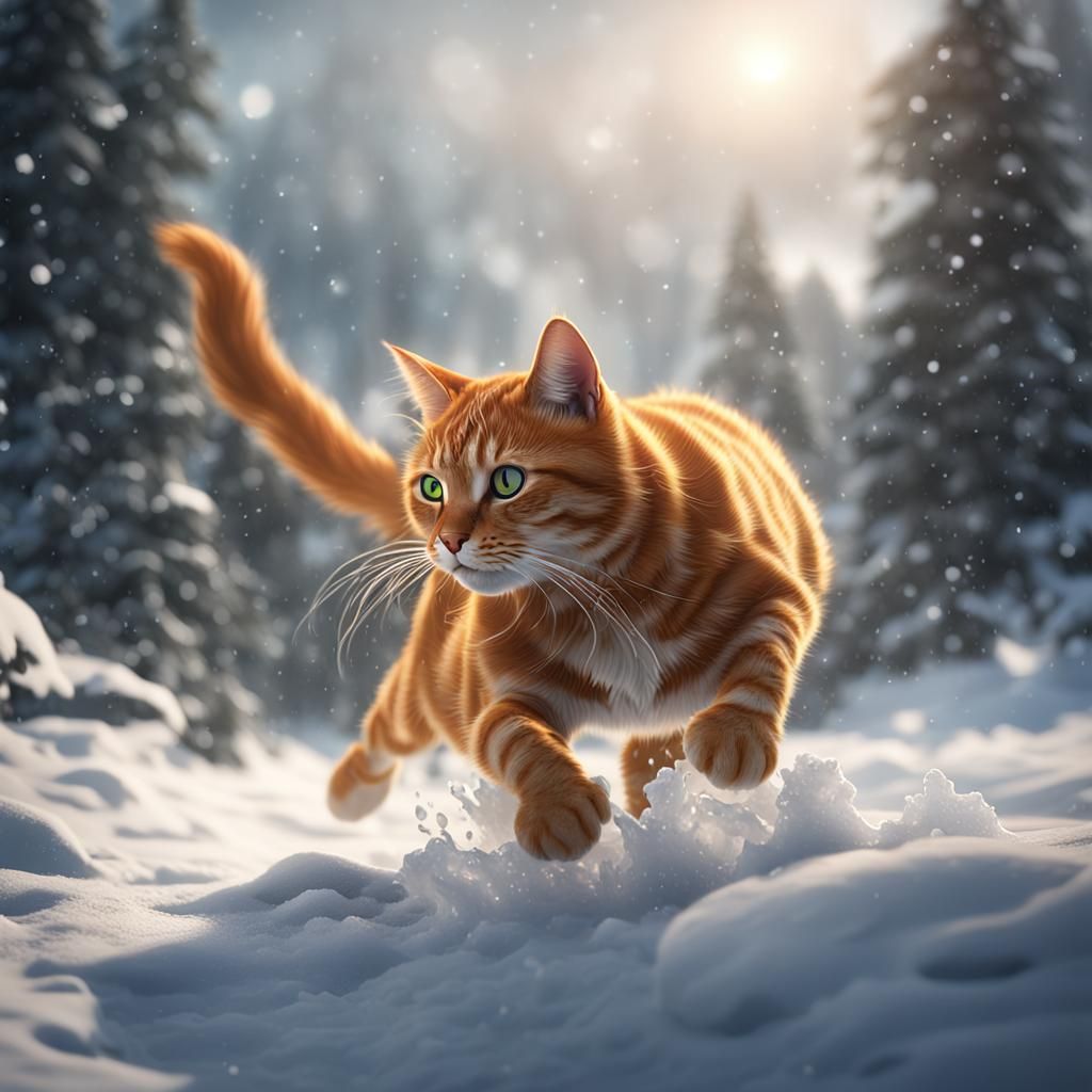 Orange Tabby Cat Plays in Winter Snowscape