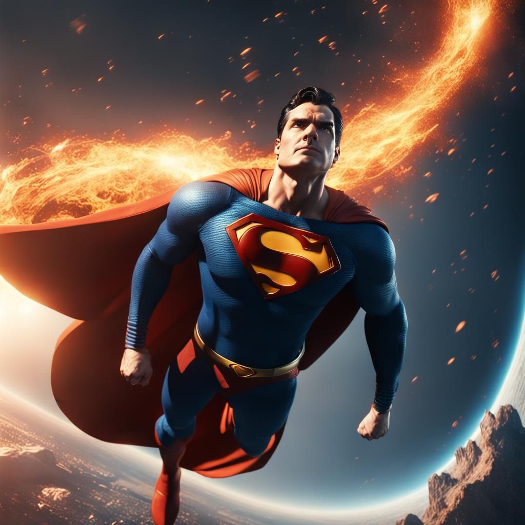 Superman Flies Through Space Near Burning Sun