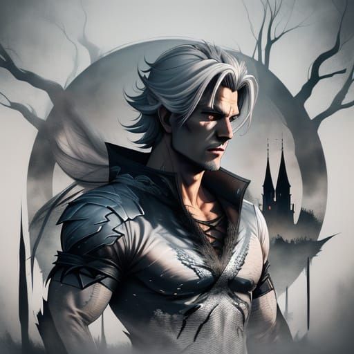 A youthful-looking beefcake wolf shifter male in human form, gray hair, Double exposure of a sinister male spirit. <lora...
