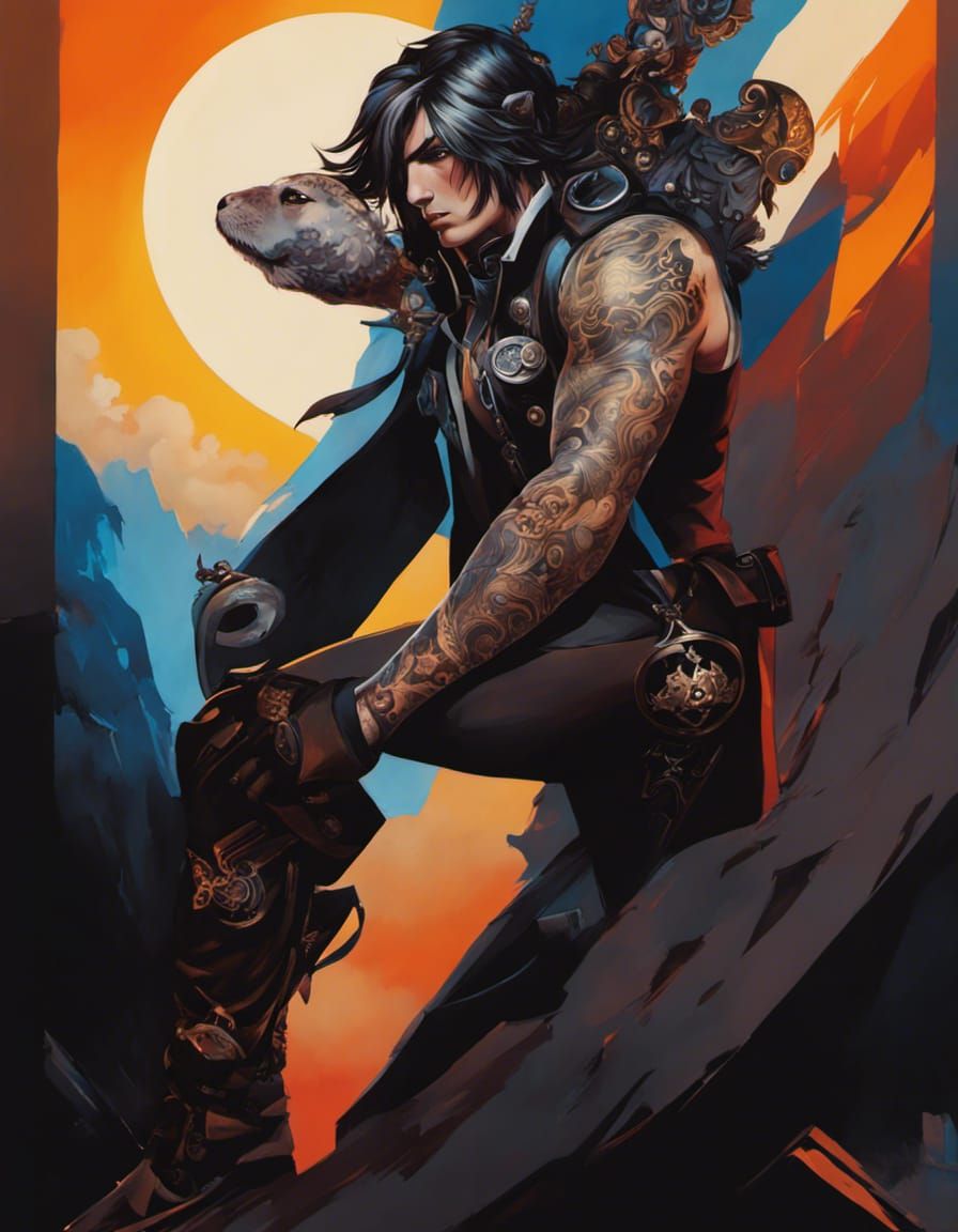 Gothic Male Portrait with Tattoos in Acrylic Style