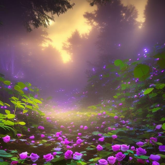 Bioluminescent Rose Forest with Fireflies