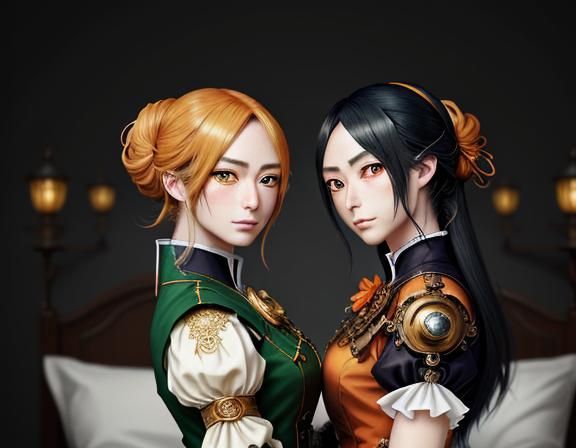 Twin Kemono Sisters Kissing in Steampunk Anime Style