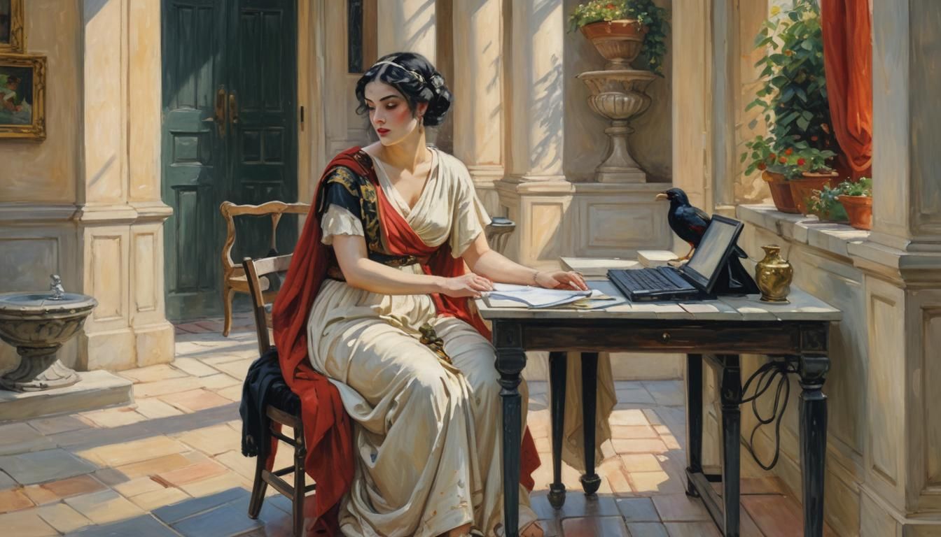 Ancient Roman Woman at Computer, Impressionist Style