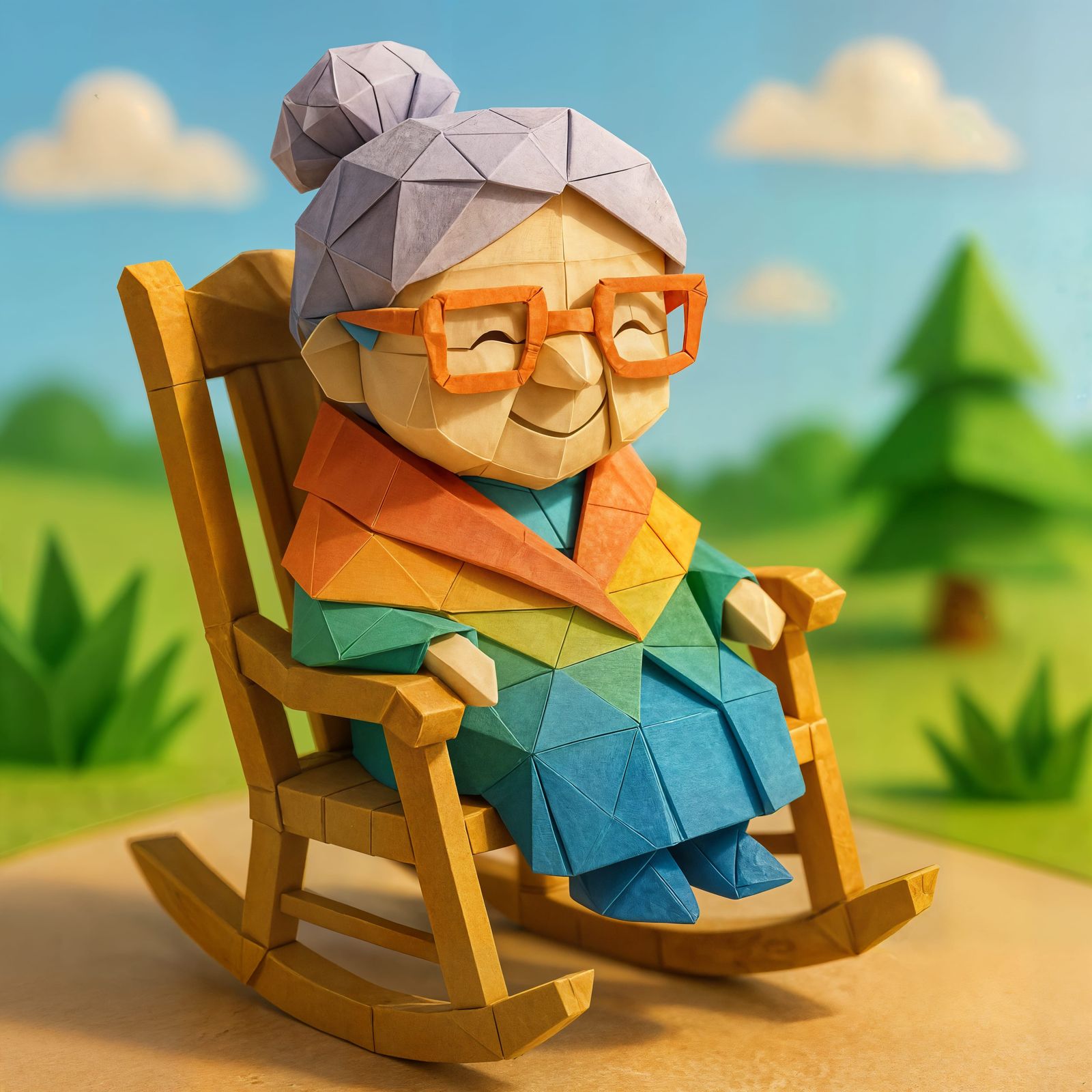 Adorable Origami Grandma in Sunny CGI Scene
