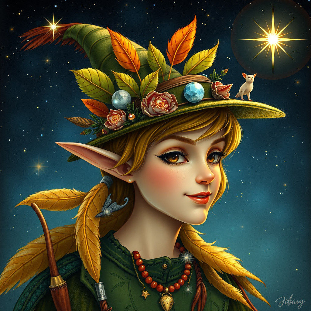 Whimsical Peter Pan in Gala Hat Under Starry Sky