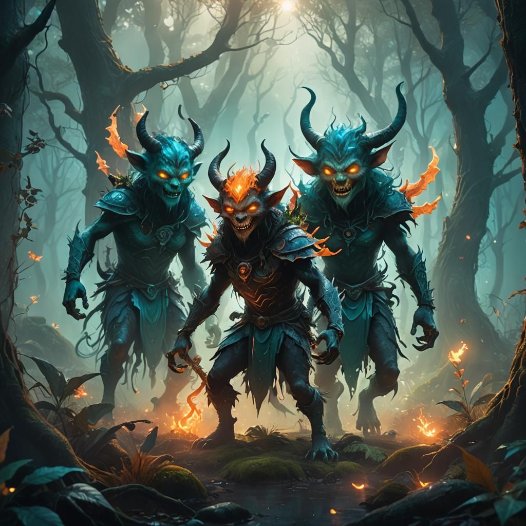 Cute Demons Playing in Whimsical Forest