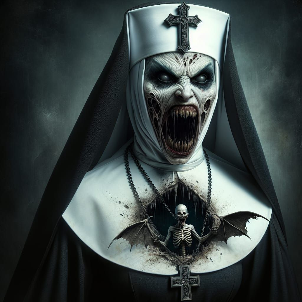 Eerie Gothic Nun with Demonic Features