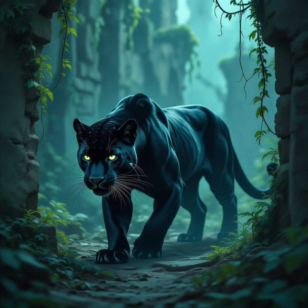 Biomechanical Black Panther in Ancient Ruins