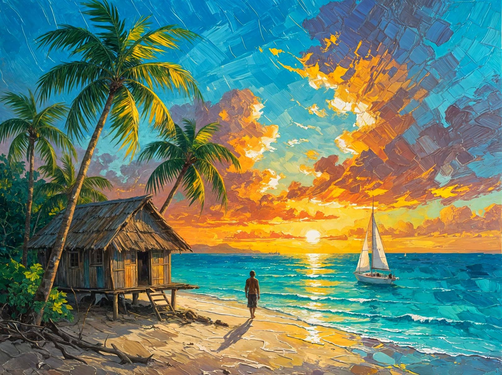 Impasto Oil Painting of Tropical Coastal Paradise