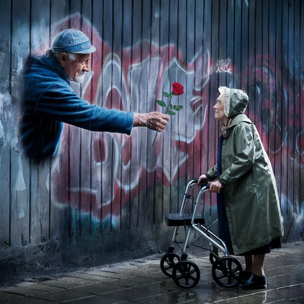 3D Arm Extends from Graffiti Mural with Rose