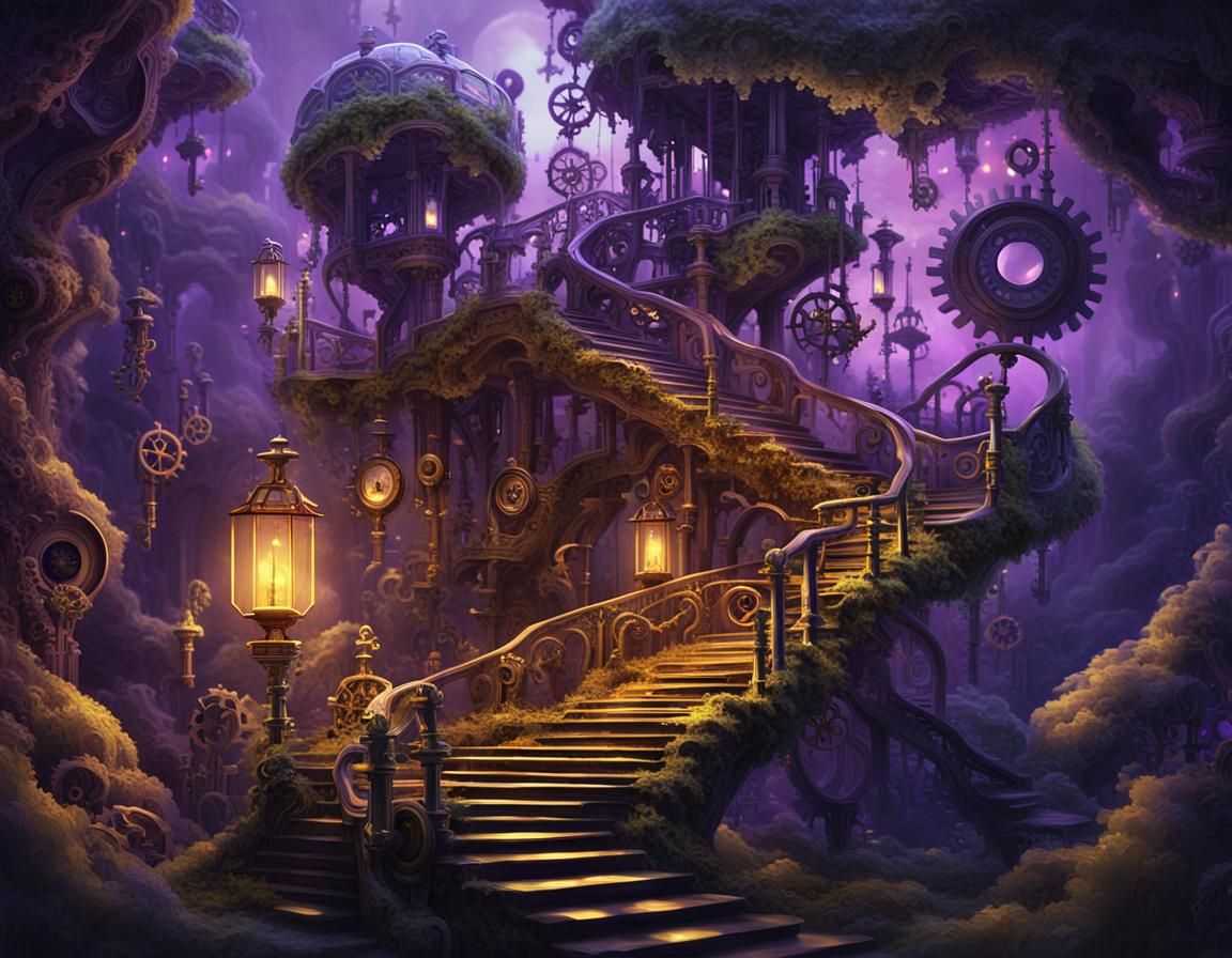 Dreamlike Forest with Mechanical Leaves in Dark Fantasy Art