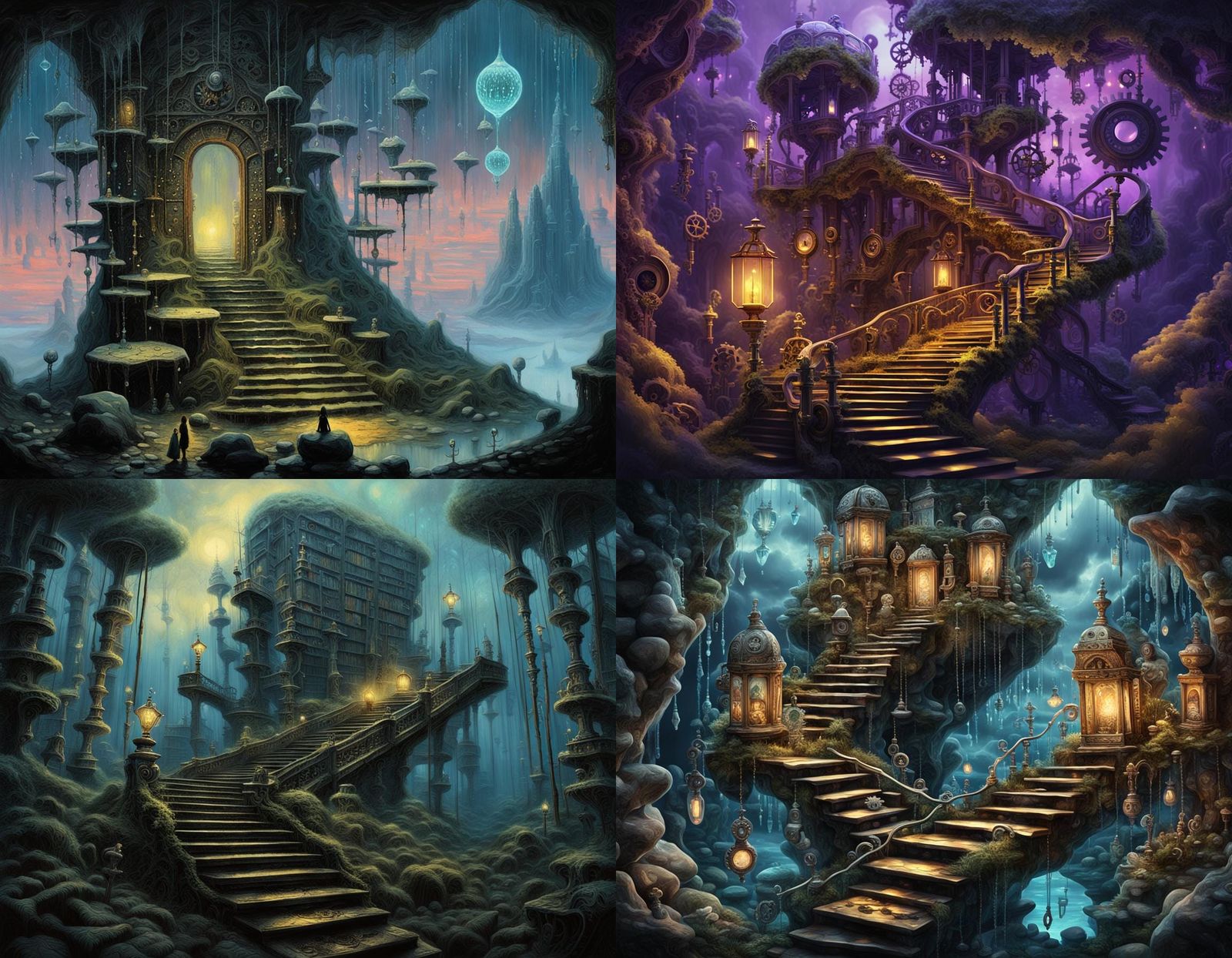 Surreal Forest Twilight with Mechanical Plants