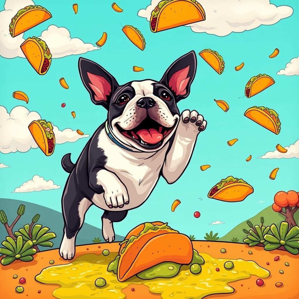 Boston Terrier in Whimsical Taco Wonderland