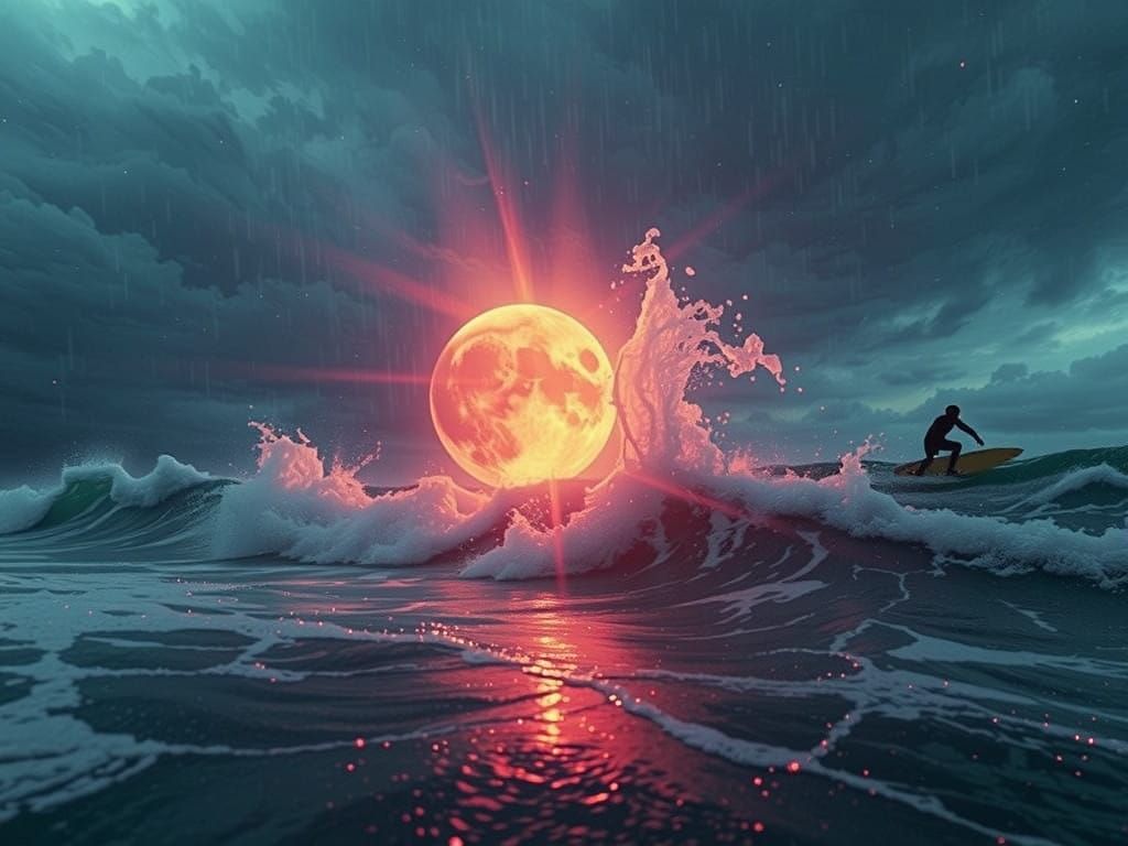 Surreal Stormy Waves Glow Under Golden Moonlight