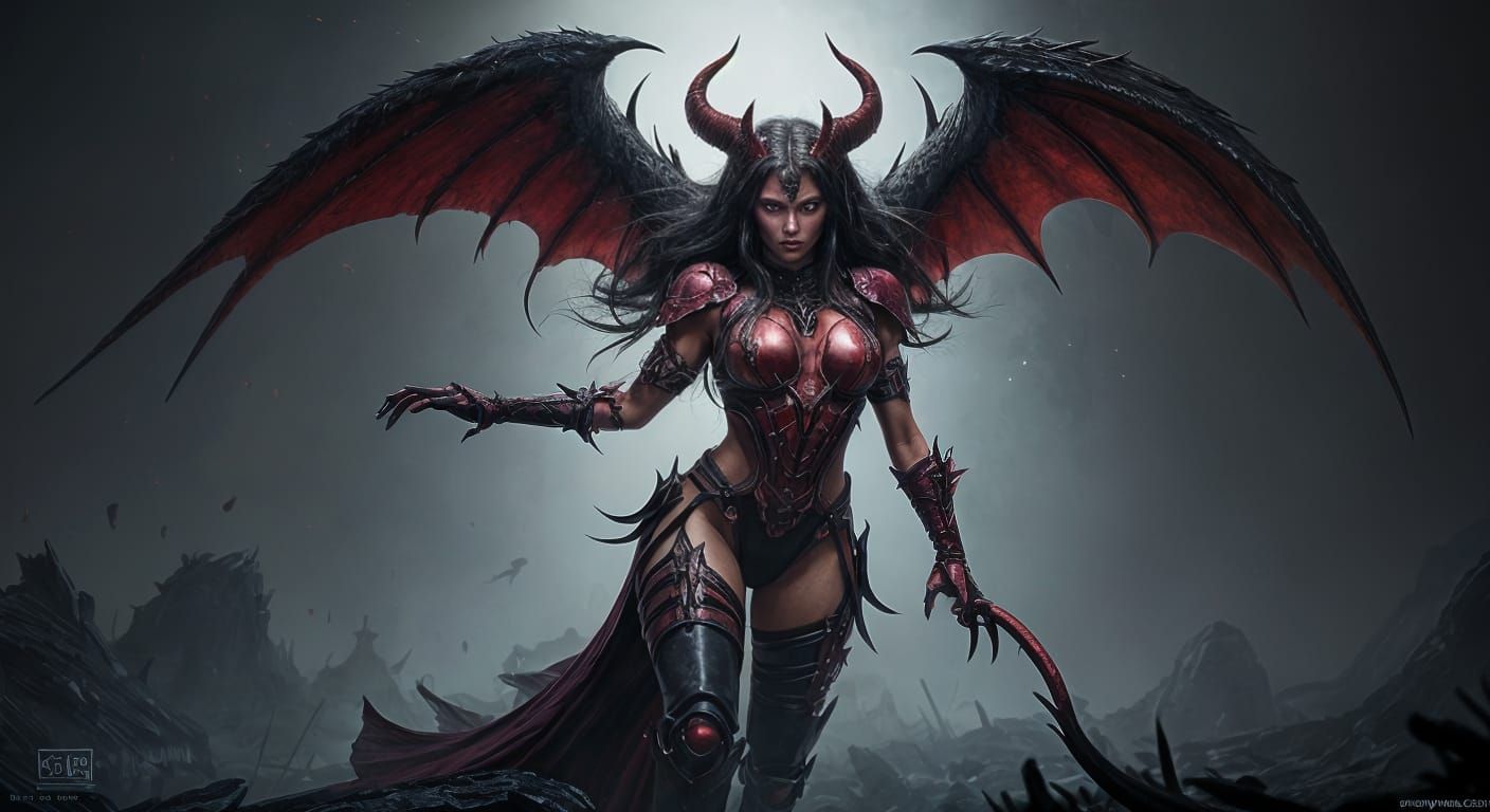 Dark Fantasy Demoness in Red Leather Armor with Black Wings