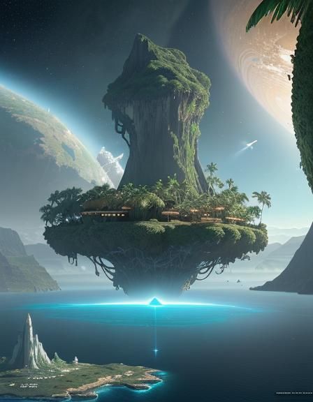 Island Oasis on Asteroid: Digital Matte Painting