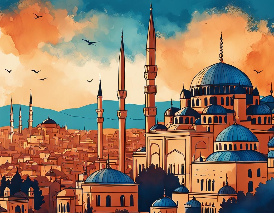 Istanbul Cityscape in Watercolor Illustration Style