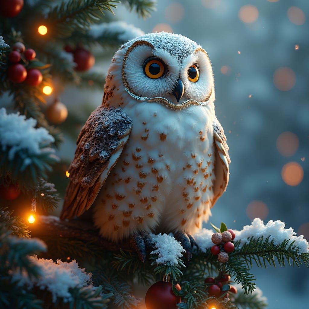 Surreal Christmas Scene with Owl and Holly in Dreamlike Fant...