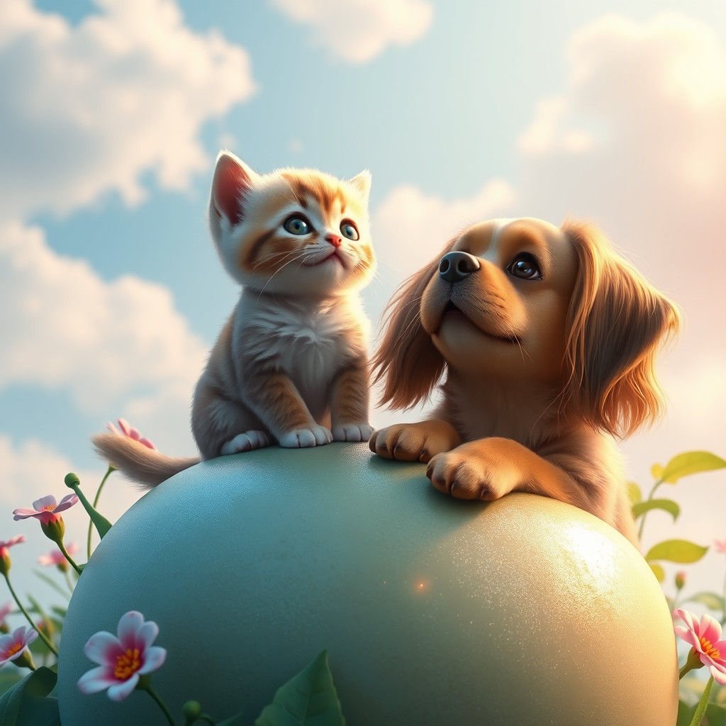 Curious Kitten and Dog in Dreamy Boba Landscape