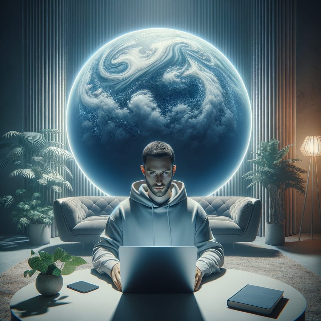 A Man Offers Laptop Usage Tips in a Futuristic 8K Study