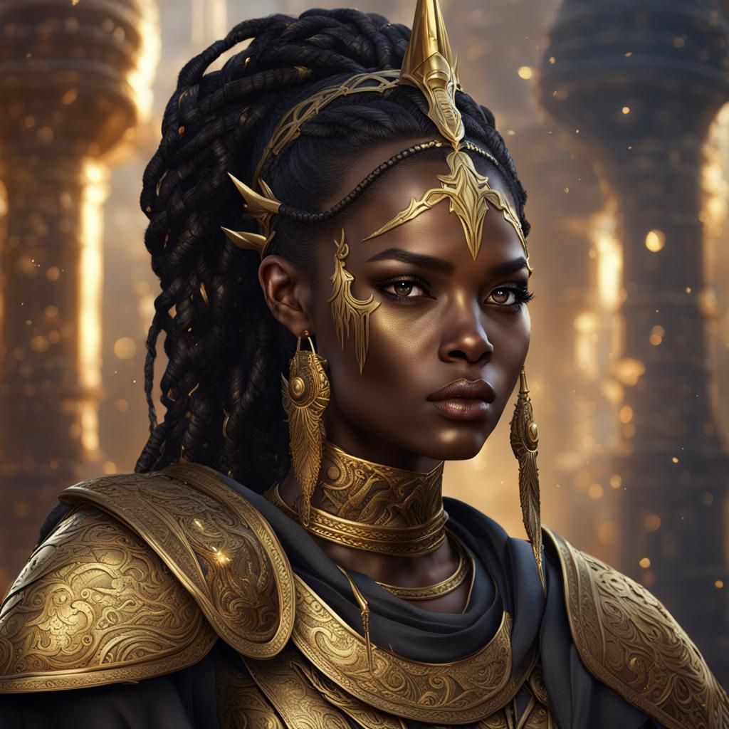 Fantasy Queen with Golden Spear, Detailed Matte Painting