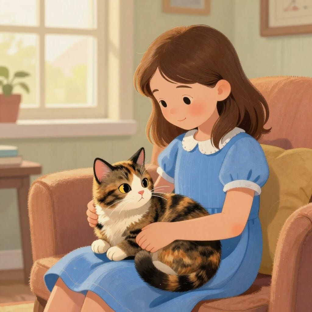 Girl and Tortie Cat in Cozy Living Room