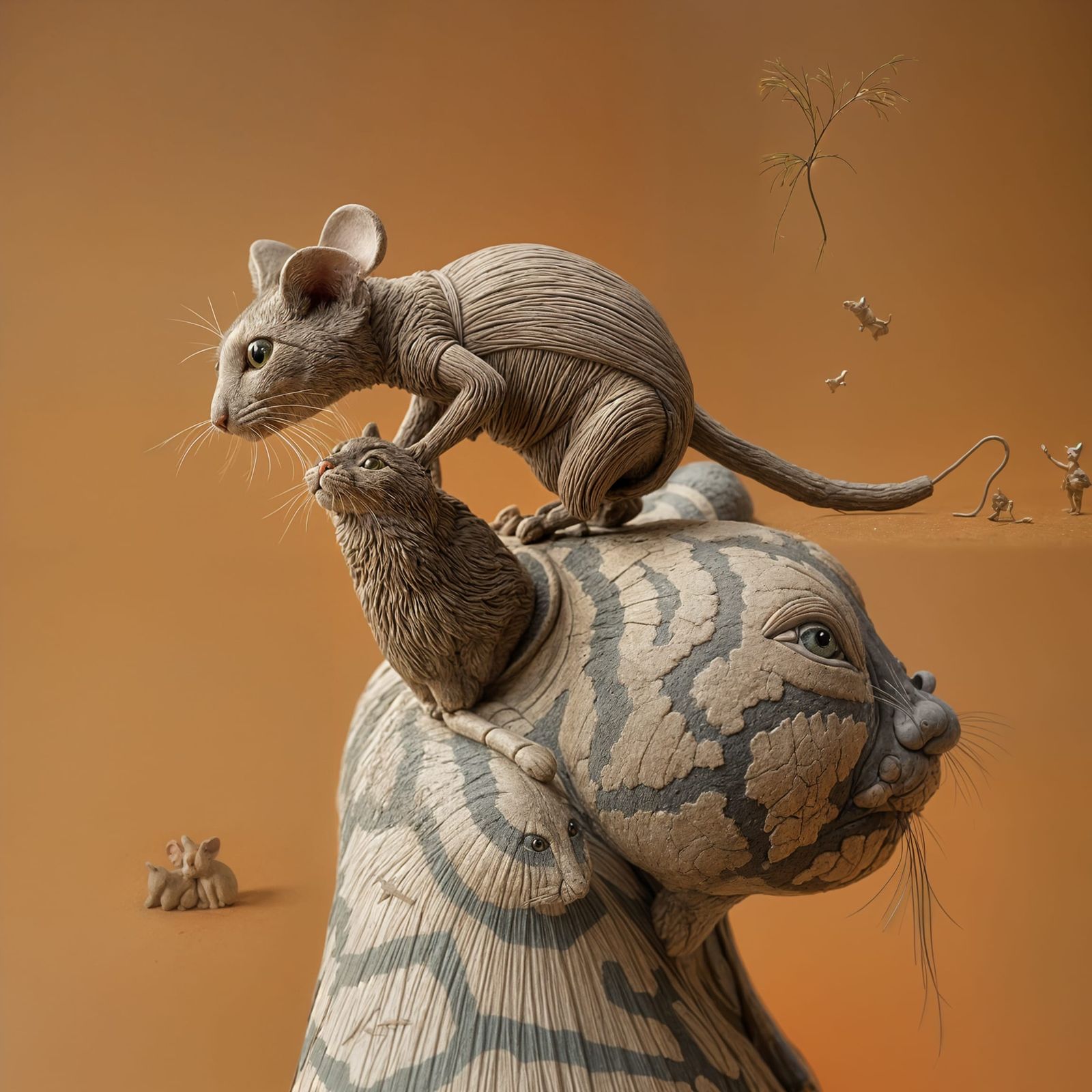 Masterpiece Clay Sculpture of Feline and Rodent Friends