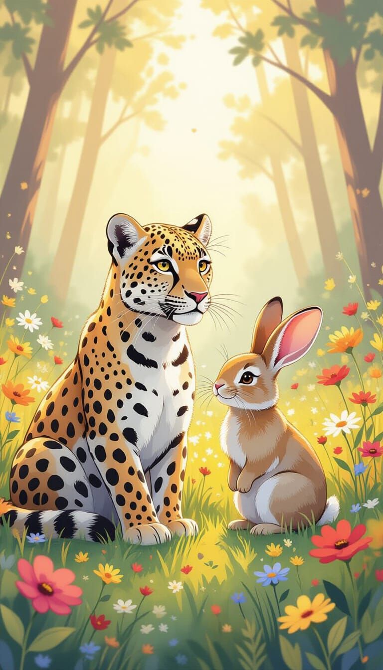 Gentle Leopard and Rabbit in Whimsical Forest
