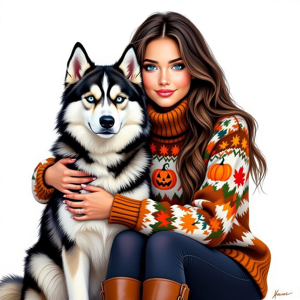 Oil Painting of Girl Hugging Husky in Autumn Sweater