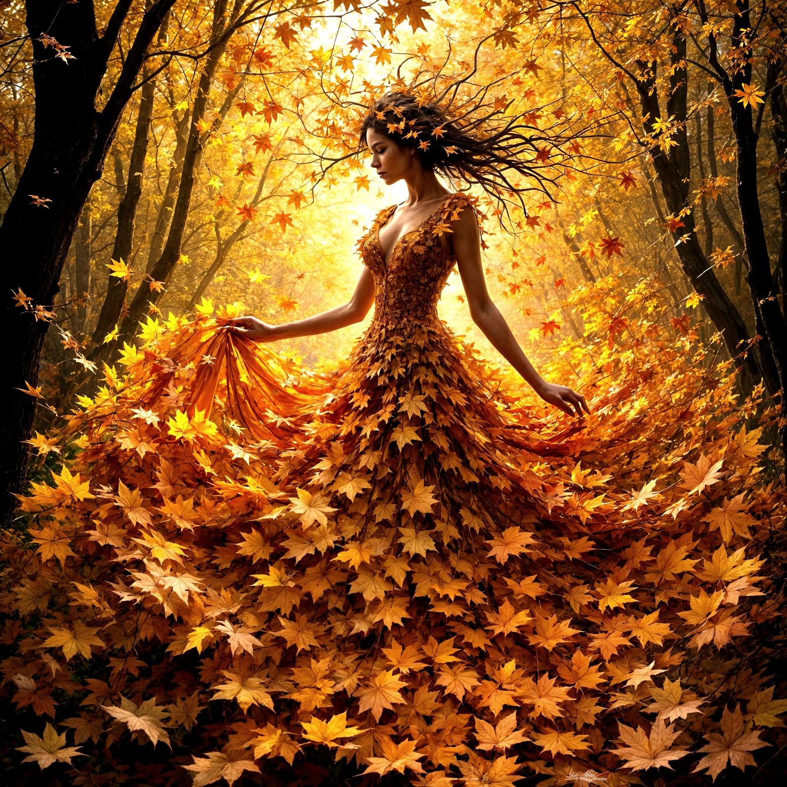 Autumnal Woman in Swirling Leaf Dress